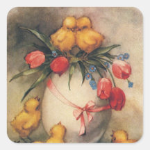 Vintage Ostern-Küken mit roten Tulpen in einem Ei Aufkleber