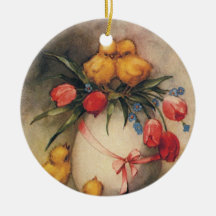 Vintage Ostern-Küken mit roten Tulpen in einem Ei Weihnachtsbaum Ornament