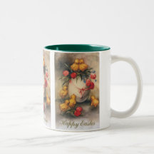 Vintage Ostern-Küken mit roten Tulpen in einem Ei Kaffee Haferl