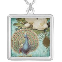 Vintage Pfau- u. Magnoliencollage Halskette