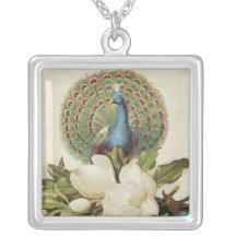 Vintage Pfau- u. Magnoliencollage Halskette