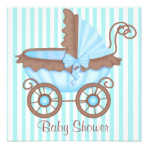 VINTAGE PRAM-BABY-DUSCHEN-EINLADUNG AQUABLUE