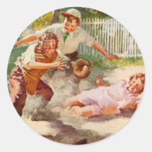 Vintager Sport, Kinder, die Baseball spielen Runder Aufkleber