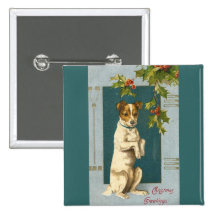 Vintager Terrier und Stechpalme Anstecknadelbuttons