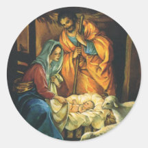 Vintager WeihnachtsNativity, Baby Jesus in der Kri Runder Sticker