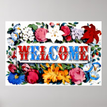 Vintager willkommener Zuhause-Plakat-mit Blumendru