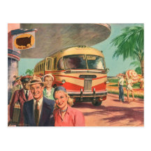 Vintages Bus-Depot mit Passagieren auf Ferien Postkarte
