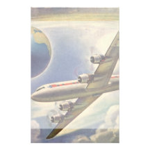 Vintages Flugzeug-Fliegen um die Welt in den Wolke Bedrucktes Papier