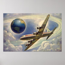 Vintages Flugzeug-Fliegen um die Welt in den Wolke Posterdrucke