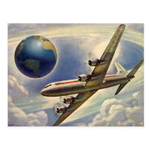 Vintages Flugzeug-Fliegen um die Welt in den Wolke Postkarten