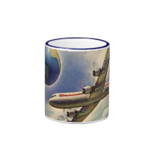 Vintages Flugzeug-Fliegen um die Welt in den Wolke Kaffee Tassen