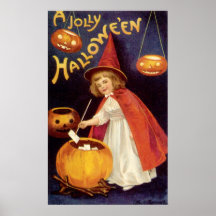 Vintages Halloween, Hexe-Kürbislaterne-Kürbise Plakatdruck