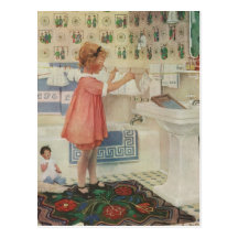 Vintages Mädchen, Kind, das Wäscherei-hängende Kle Postkarte