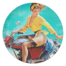 Vintages Motorrad-Reiter Gil Elvgren Pinup-Mädchen Flache Teller