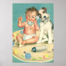 Vintages niedliches Baby, das auf Telefon-Terrier- Poster