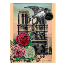 Vintages Notre Dame, Schwalbe, Rosen, Collage Postkarte