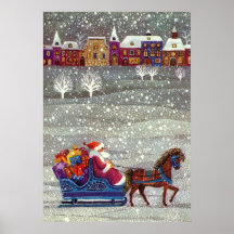 Vintages Pferdeoffener Sleigh Weihnachtsmanns eine Posterdrucke