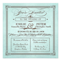 Vintages Plakat-Art-Blau u. quadratische Hochzeit  Individuelle Einladungskarte