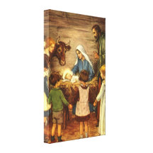 Vintages religiöses Weihnachten, Nativity, Baby Je Leinwanddruck