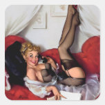 Vintages Retro Gil Elvgren TelefonPinupmädchen Quadrataufkleber
