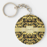 Vintages schwarzes Damast-Goldmonogramm Keychain Schlüsselband