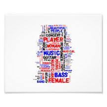 Weibliches Bass-Spieler wordle 1 rotes blaues Schw Kunstphotos
