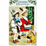 Weihnachtsgruß mit zwei Kindern, man spielt Tromme Acryl Ausschnitte