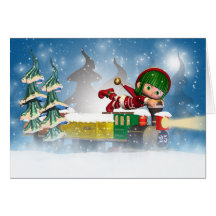Weihnachtskarte mit niedlichem kleinem Elf auf Zug