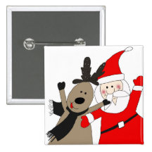 Weihnachtsmann und lustiges Ren Anstecknadelbutton