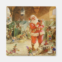 Weihnachtsmann und seine Elfe im Ren-Stall Magnete
