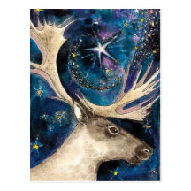 Weihnachtsren nachts mit einem glänzenden Stern Postkarte