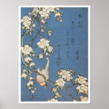 Weinende Kirsche und Bullfinch, Hokusai, 1834 Poster