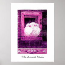 WEISSE TAUBEN AM FENSTER, rosa lila Veilchen Poster