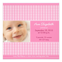 Wertvolle Gingham-(rosa) Geburts-Mitteilung Personalisierte Einladungskarte