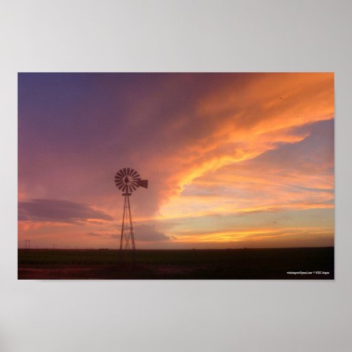 Western-Kansas-Sonnenuntergangs-Windmühle Plakat