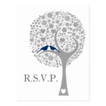 whimsy tree navy blue lovebirds mod wedding rsvp postkarten