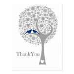 whimsy tree navy blue lovebirds wedding Thank You postkarten
