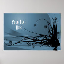 Wilde Haar-Dame Profile Silhouette - Blau Posterdruck