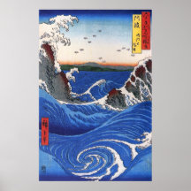 Wildes Meer, das auf den Felsen, Hiroshige bricht Posterdruck