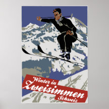 Winter in Zweisimmen, Vintage Skireiseanzeige Posterdruck
