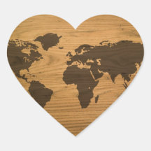 Woodgrain-strukturierte Weltkarte Herzaufkleber