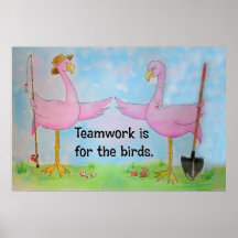 Wunderliche rosa Flamingo-Teamwork-Fischen-Gartena Posterdruck