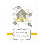 yellow kissing birds my bridesmaid postkarten
