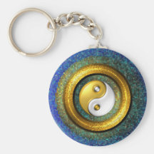 Yin-Yang Keychain, goldener Ring und blaues Mosaik Schlüsselband