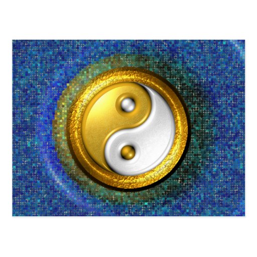 Yin-Yang Postkarte, goldener Ring und blaues Mosai