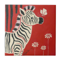 Zebra, Gänseblümchen u. Schmetterling Keramikkachel