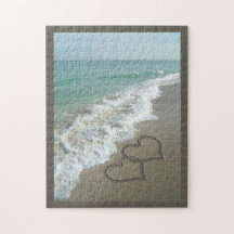 Zwei Sand-Herzen auf dem Strand, romantischer Ozea Foto Puzzles