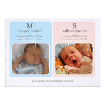 Zwillings-Baby Announcment - Monogramm Einladungskarte