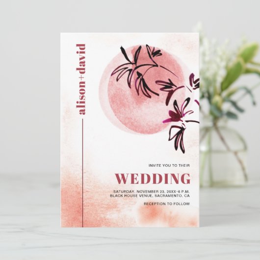 Βranch and moon Qr code Japandi Hochzeit Einladung (Stehend Vorderseite)