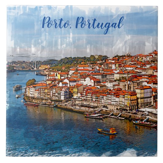 С Stadtbild von Porto, Douro Fluss. Portugal. Fliese (Vorderseite)